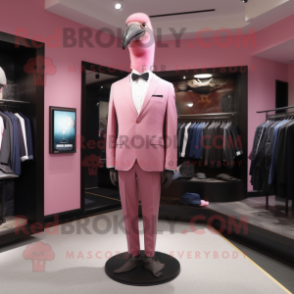 Pink Ostrich mascot costume character dressed with a Suit Pants and Pocket squares