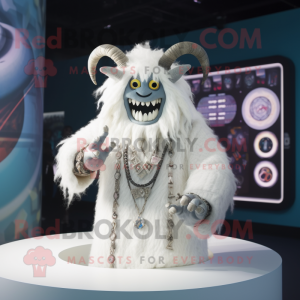 White Demon mascot costume character dressed with a Cardigan and Rings