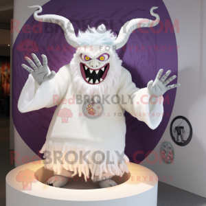 White Demon mascot costume character dressed with a Cardigan and Rings