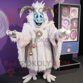 White Demon mascot costume character dressed with a Cardigan and Rings