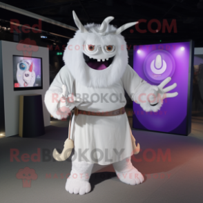 White Demon mascot costume character dressed with a Cardigan and Rings