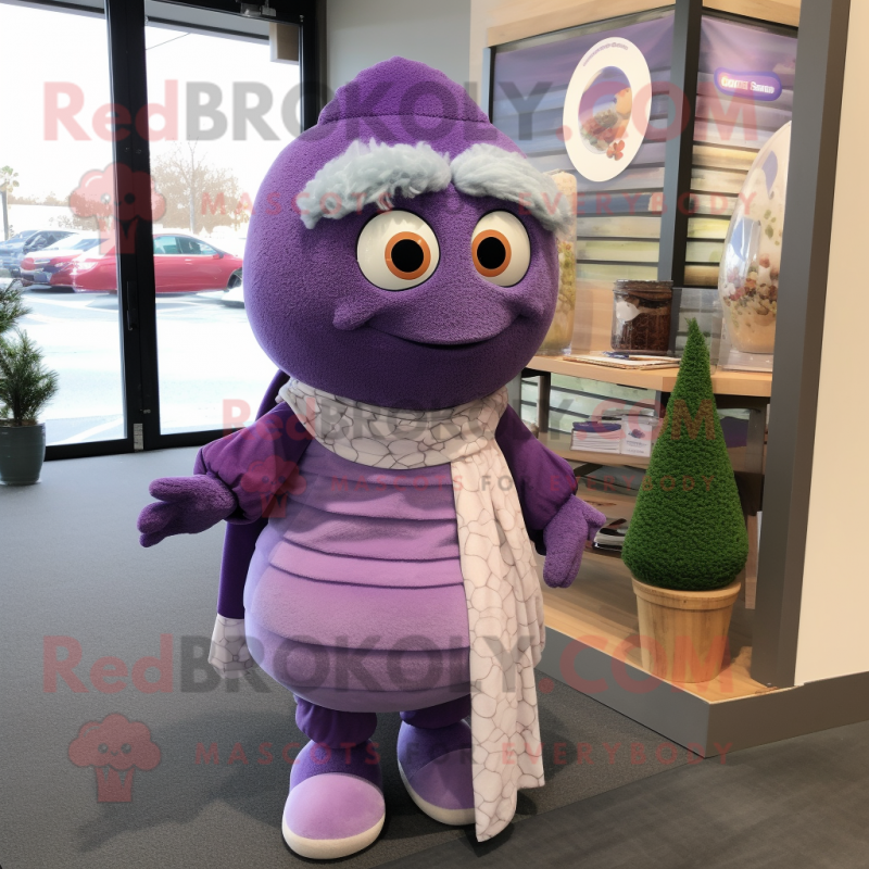 Lavender Plum mascot costume character dressed with a Sweater and Scarf clips