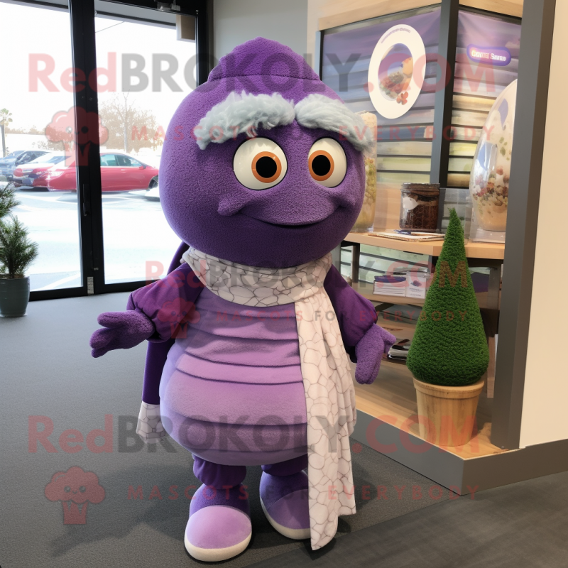 Lavender Plum mascot costume character dressed with a Sweater and Scarf clips Lavender Plum mascot costume character dressed with a Sweater and Scarf clips