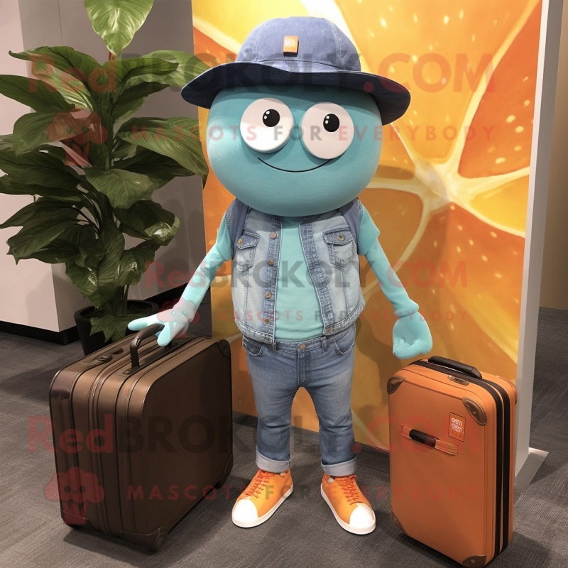 Turquoise Grapefruit mascot costume character dressed with a Denim Shirt and Briefcases Turquoise Grapefruit mascot costume character dressed with a Denim Shirt and Briefcases