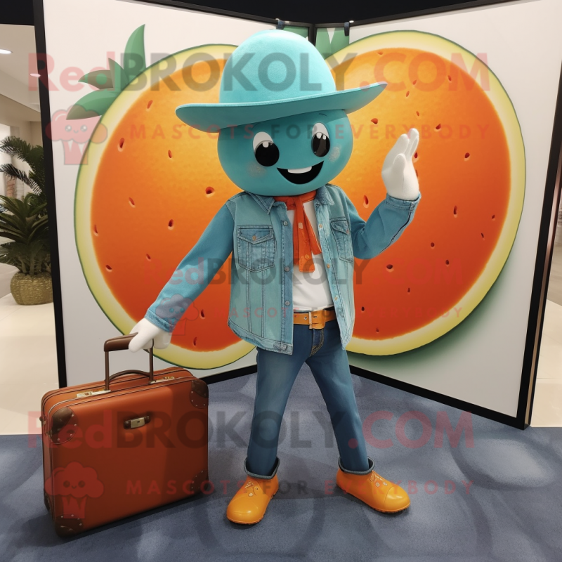 Turquoise Grapefruit mascot costume character dressed with a Denim Shirt and Briefcases Turquoise Grapefruit mascot costume character dressed with a Denim Shirt and Briefcases