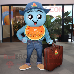 Turquoise Grapefruit mascot costume character dressed with a Denim Shirt and Briefcases