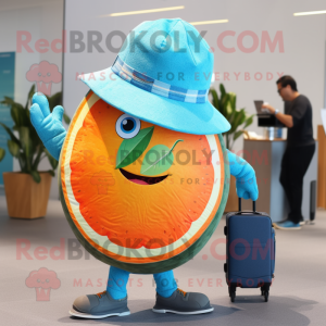Turquoise Grapefruit mascot costume character dressed with a Denim Shirt and Briefcases