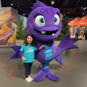 Purple Barracuda mascot costume character dressed with a Mom Jeans and Messenger bags