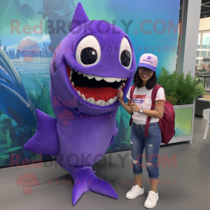 Purple Barracuda mascot costume character dressed with a Mom Jeans and Messenger bags