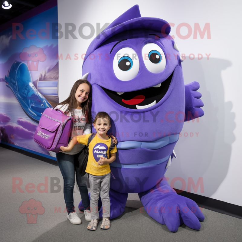 Purple Barracuda mascot costume character dressed with a Mom Jeans and Messenger bags