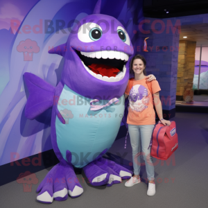 Purple Barracuda mascot costume character dressed with a Mom Jeans and Messenger bags
