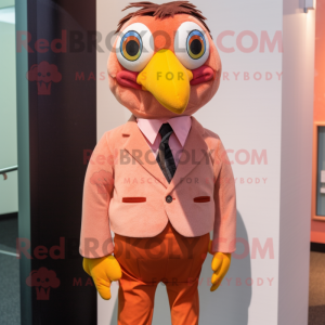 Peach Hawk mascot costume character dressed with a Corduroy Pants and Ties