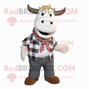 White Jersey Cow mascot costume character dressed with a Flannel Shirt and Bow ties