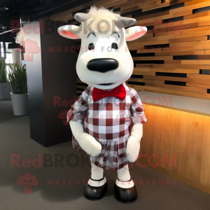 White Jersey Cow mascot costume character dressed with a Flannel Shirt and Bow ties