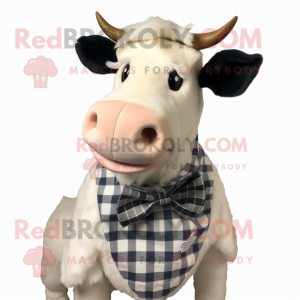 White Jersey Cow mascot costume character dressed with a Flannel Shirt and Bow ties