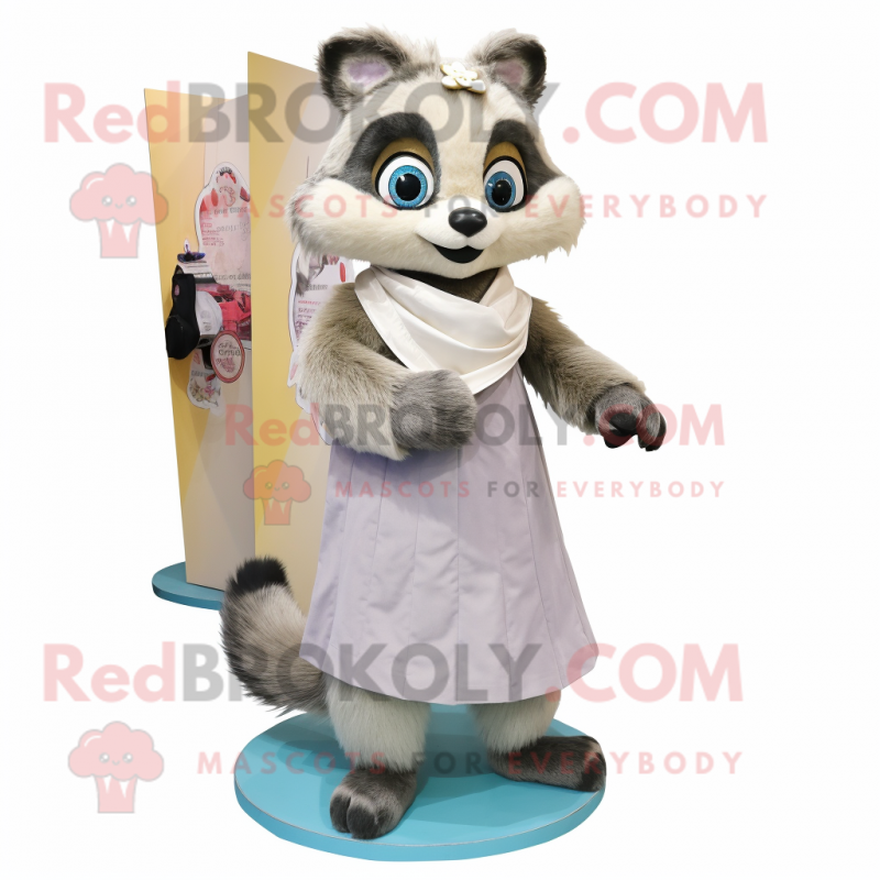 Beige Raccoon mascot costume character dressed with a Ball Gown and Scarves