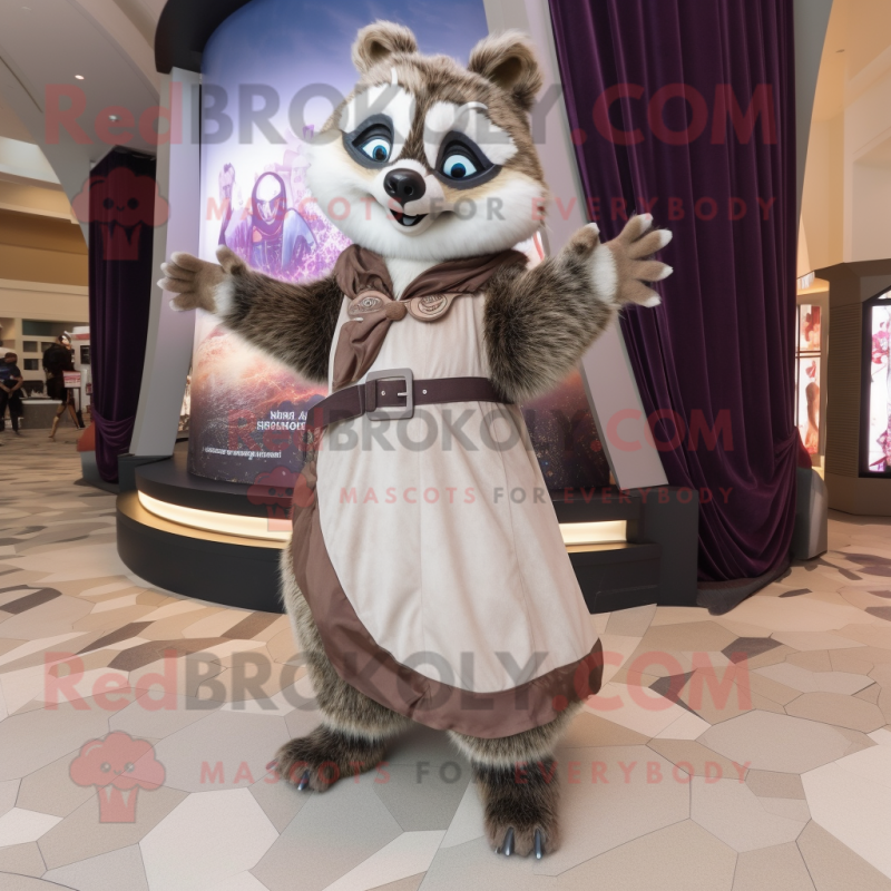 Beige Raccoon mascot costume character dressed with a Ball Gown and Scarves