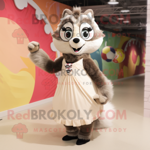 Beige Raccoon mascot costume character dressed with a Ball Gown and Scarves