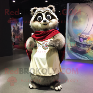 Beige Raccoon mascot costume character dressed with a Ball Gown and Scarves