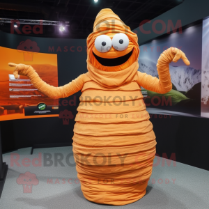 Orange Mummy mascot costume character dressed with a Pleated Skirt and Hats