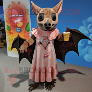 Rust Fruit Bat mascot costume character dressed with a Maxi Dress and Shoe clips