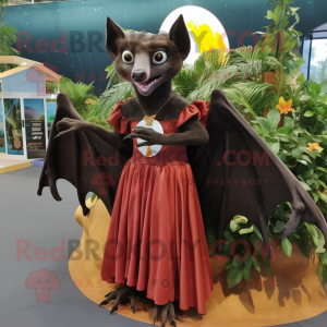 Rust Fruit Bat mascot costume character dressed with a Maxi Dress and Shoe clips