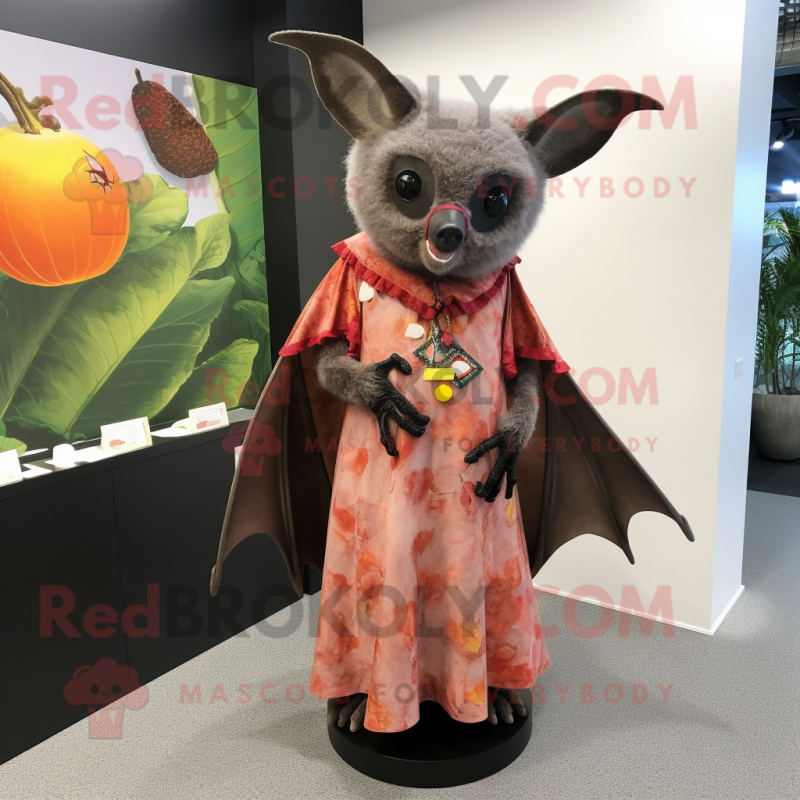 Rust Fruit Bat mascot costume character dressed with a Maxi Dress and Shoe clips Rust Fruit Bat mascot costume character dressed with a Maxi Dress and Shoe clips