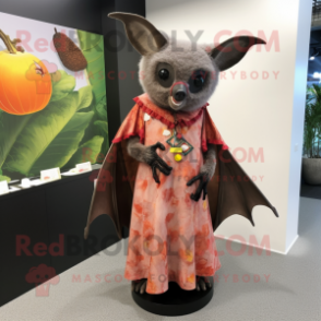 Rust Fruit Bat mascot costume character dressed with a Maxi Dress and Shoe clips