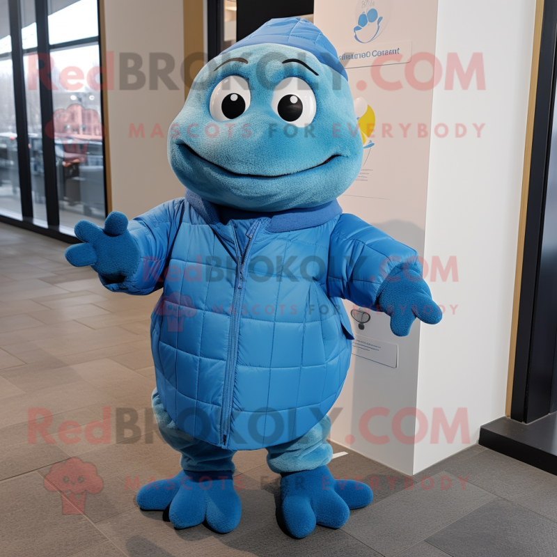 Blue Turtle mascot costume character dressed with a Parka and Pocket squares Blue Turtle mascot costume character dressed with a Parka and Pocket squares