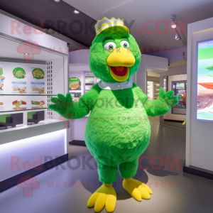 Green Chicken mascot costume character dressed with a Polo Shirt and Mittens