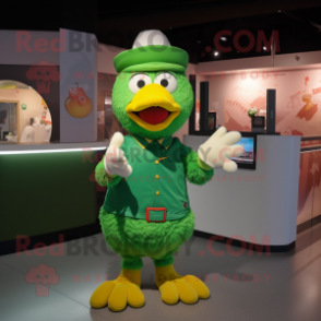 Green Chicken mascot costume character dressed with a Polo Shirt and Mittens