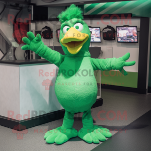 Green Chicken mascot costume character dressed with a Polo Shirt and Mittens
