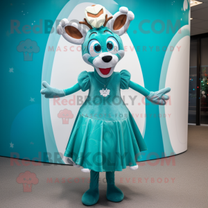 Teal Reindeer mascot costume character dressed with a Dress and Earrings