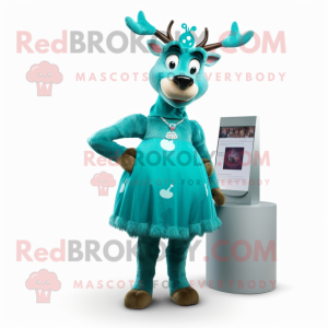 Teal Reindeer mascot costume character dressed with a Dress and Earrings