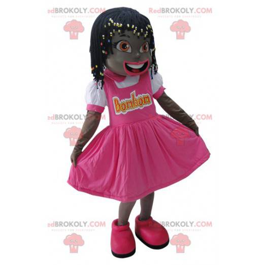 Mascot niña africana vestida de rosa - Redbrokoly.com
