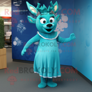 Teal Reindeer mascot costume character dressed with a Dress and Earrings