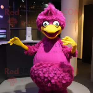 Magenta Canary mascot costume character dressed with a Evening Gown and Mittens