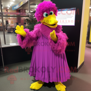 Magenta Canary mascot costume character dressed with a Evening Gown and Mittens