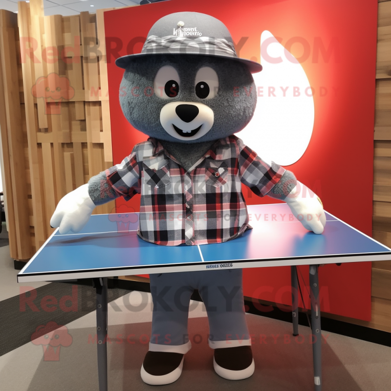 Gray Ping Pong Table mascot costume character dressed with a Flannel Shirt and Hats Gray Ping Pong Table mascot costume character dressed with a Flannel Shirt and Hats