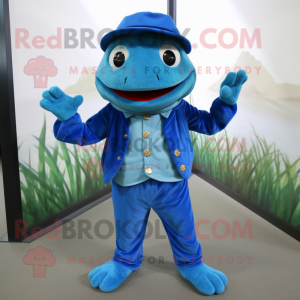 Blue Frog mascot costume character dressed with a Corduroy Pants and Caps