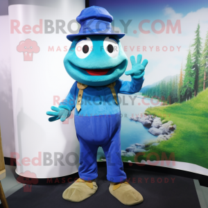 Blue Frog mascot costume character dressed with a Corduroy Pants and Caps