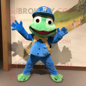 Blue Frog mascot costume character dressed with a Corduroy Pants and Caps