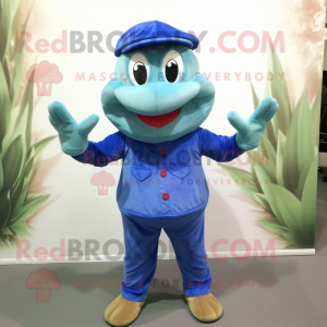 Blue Frog mascot costume character dressed with a Corduroy Pants and Caps