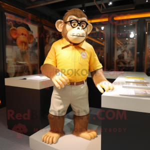 Gold Chimpanzee mascot costume character dressed with a Oxford Shirt and Eyeglasses
