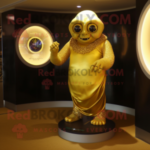 Gold Cyclops mascot costume character dressed with a Evening Gown and Bracelet watches
