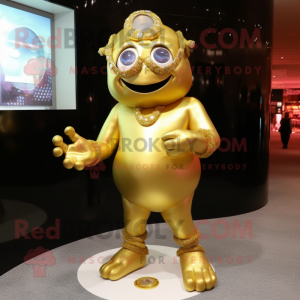 Gold Cyclops mascot costume character dressed with a Evening Gown and Bracelet watches