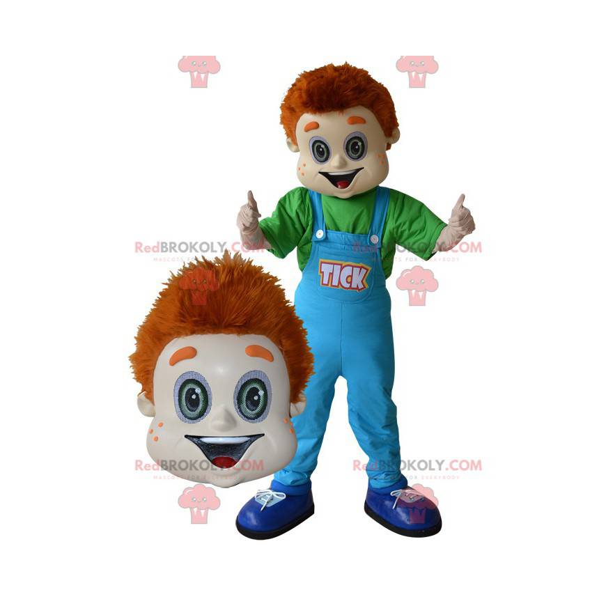 Red-haired boy mascot with blue overalls - Redbrokoly.com