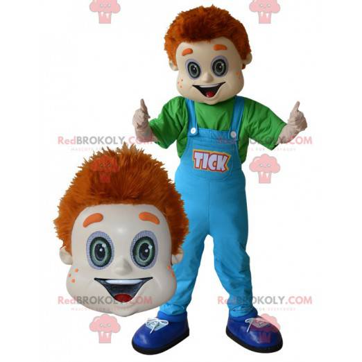 Red-haired boy mascot with blue overalls - Redbrokoly.com