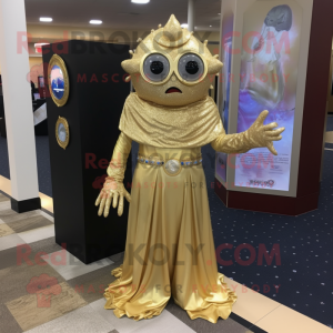 Gold Cyclops mascot costume character dressed with a Evening Gown and Bracelet watches