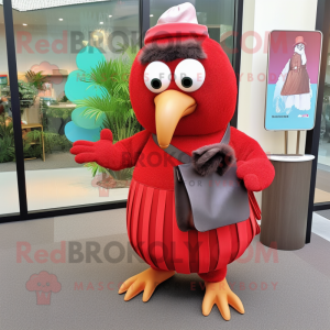 Red Kiwi mascot costume character dressed with a Pleated Skirt and Wallets